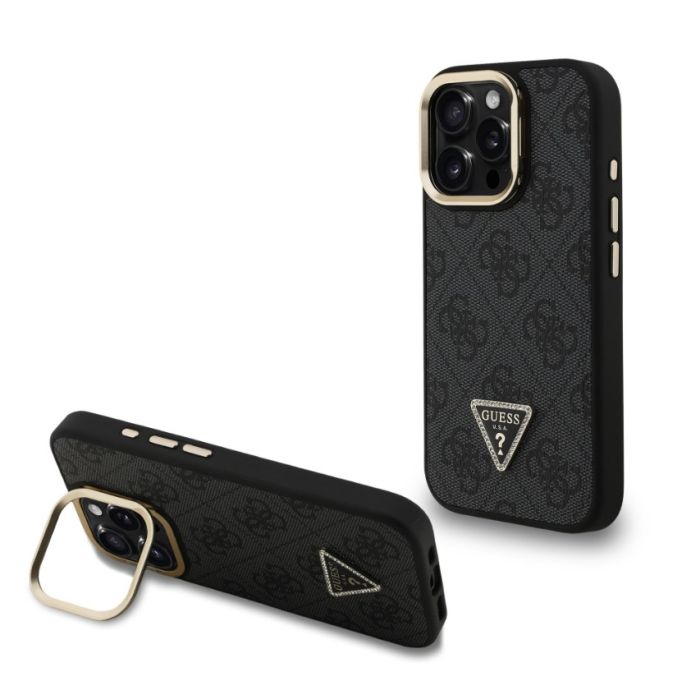 Obal Guess PU 4G Strass Triangle Logo Stand Camera Frame MagSafe Apple iPhone 15 Pro Max GUHMP15XPCS4GPTK čierny