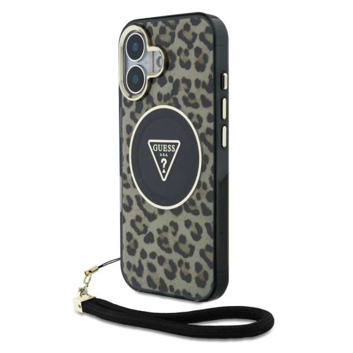 Obal Guess IML Leopard Triangle Logo Strap MagSafe Apple iPhone 16 GUHMP16SHLORSSW hnedý