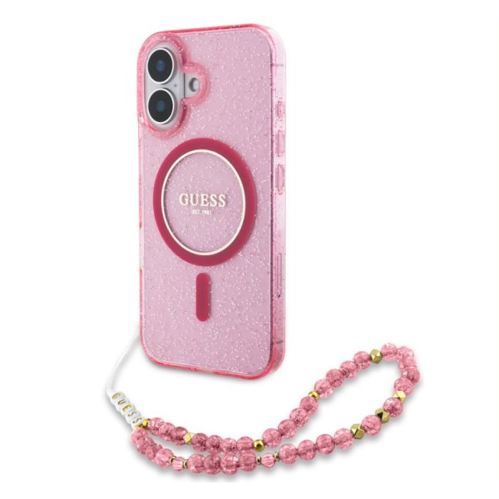 Obal Guess IML Glitter Strap MagSafe Apple iPhone 16 Plus GUHMP16MHGCRELSF ružový