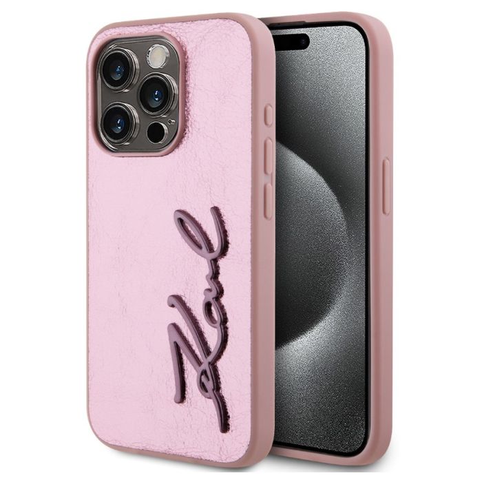 Obal Karl Lagerfeld Wrinkled PU Signature Logo Apple iPhone 15 Pro Max KLHCP15XPFMFBKMP ružový