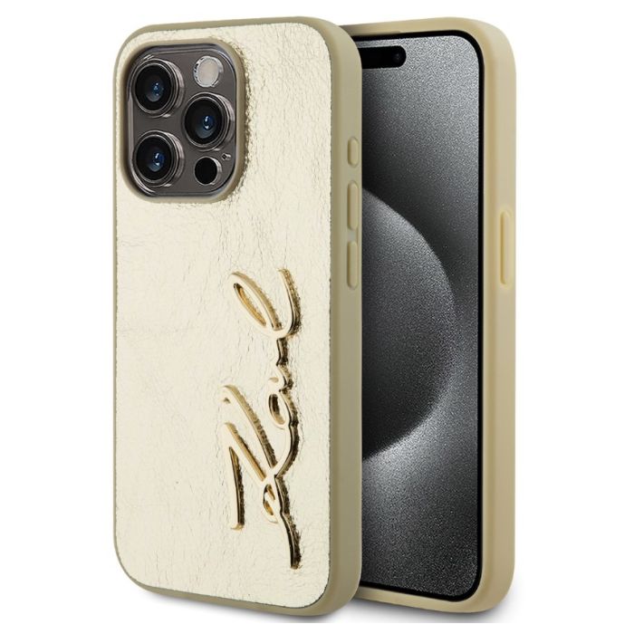 Obal Karl Lagerfeld Wrinkled PU Signature Logo Apple iPhone 15 Pro KLHCP15LPFMFBKMD zlatý
