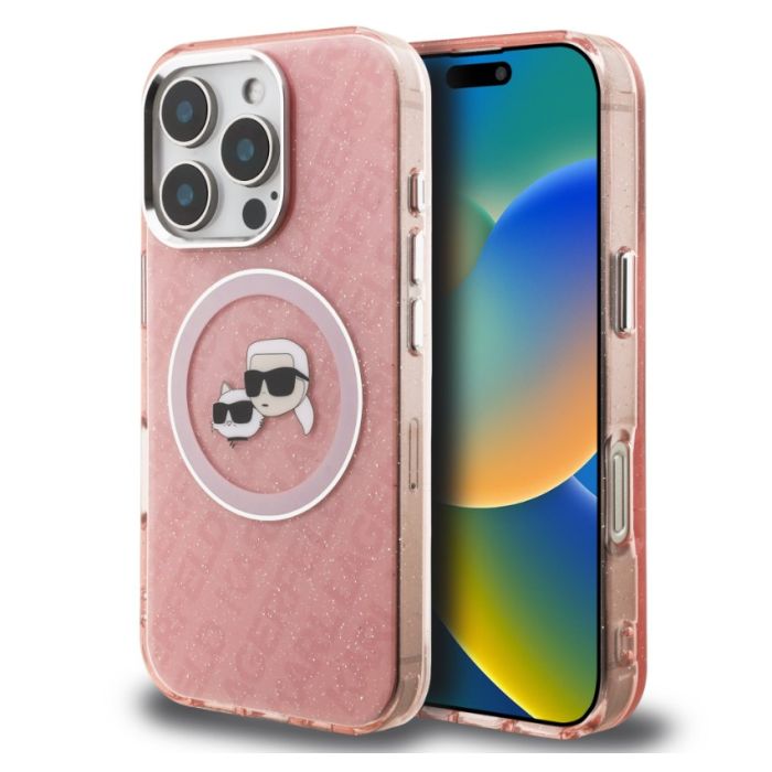Obal Karl Lagerfeld IML K&CH Heads Repeated Logo MagSafe Apple iPhone 15 Pro KLHMP15LHMKBKCHP ružový
