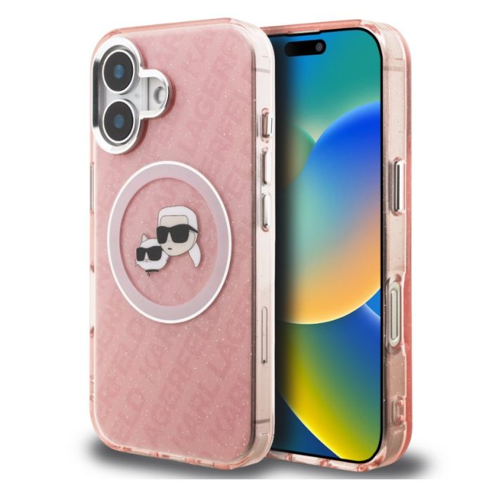 Obal Karl Lagerfeld IML K&CH Heads Repeated Logo MagSafe Apple iPhone 16 KLHMP16SHMKBKCHP ružový
