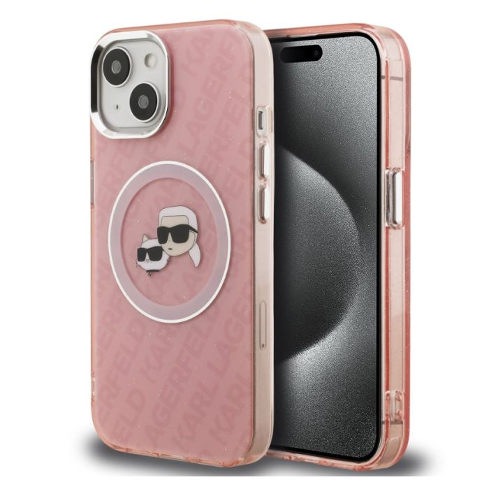 Obal Karl Lagerfeld IML K&CH Heads Repeated Logo MagSafe Apple iPhone 15 KLHMP15SHMKBKCHP ružový