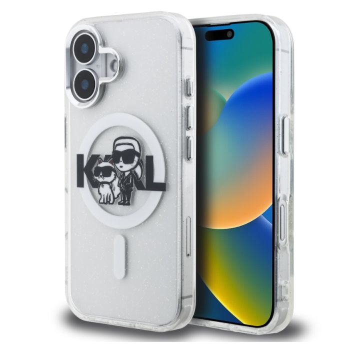 Obal Karl Lagerfeld IML Glitter Karl and Choupette Sketch MagSafe Apple iPhone 16 KLHMP16SHGKCGKBT transparentný