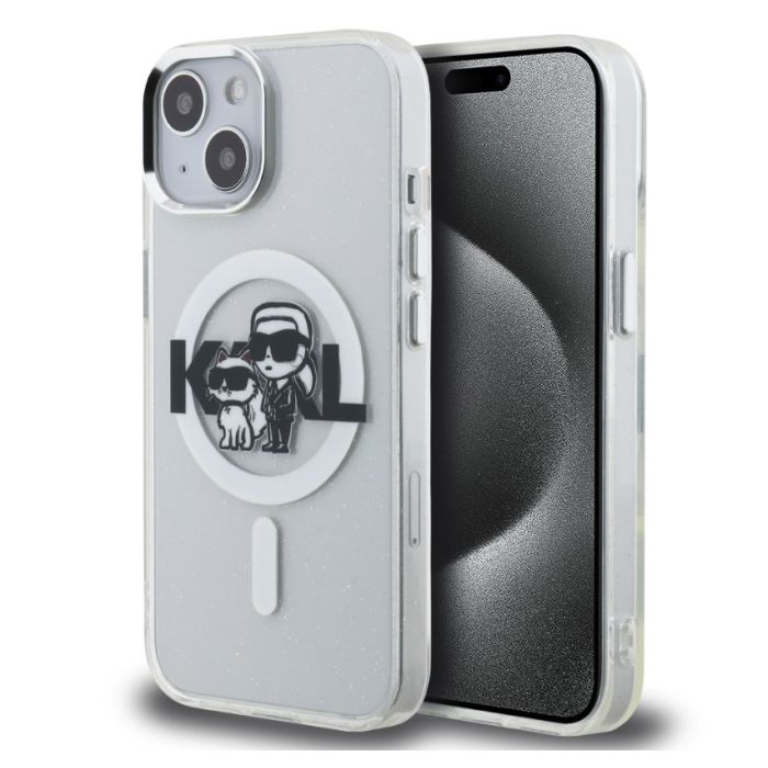 Obal Karl Lagerfeld IML Glitter Karl and Choupette Sketch MagSafe Apple iPhone 15 KLHMP15SHGKCGKBT transparentný