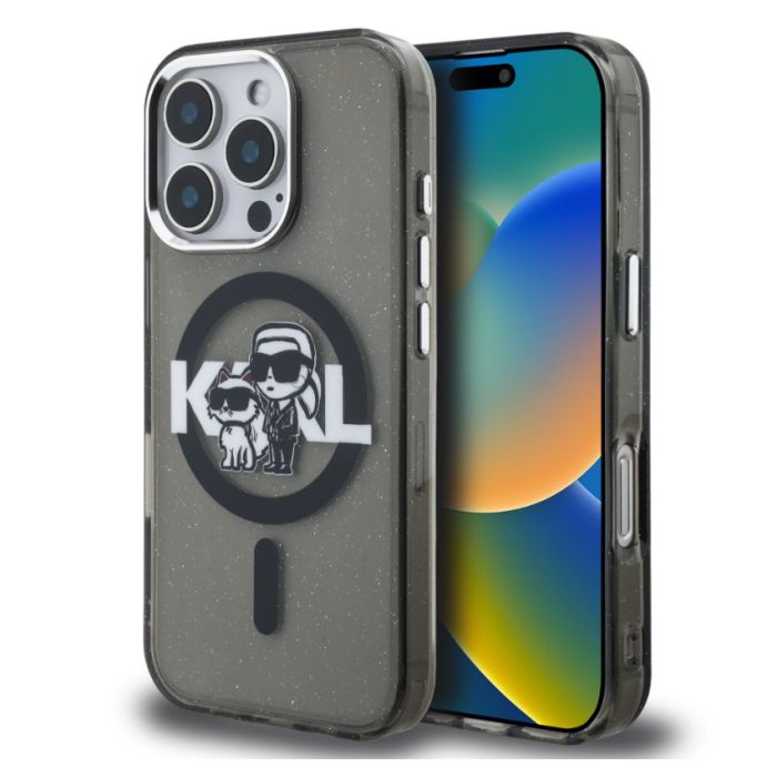 Obal Karl Lagerfeld IML Glitter Karl and Choupette Sketch MagSafe Apple iPhone 15 Pro KLHMP15LHGKCGKBK čierny