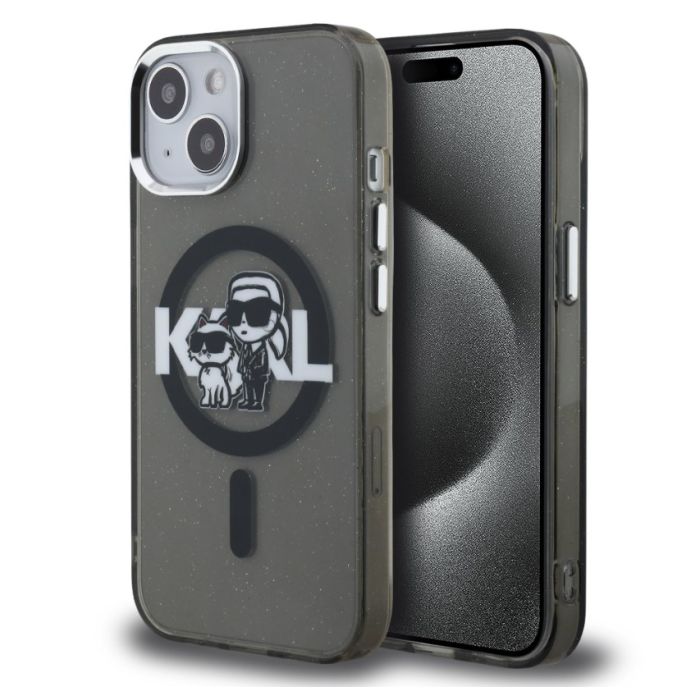 Obal Karl Lagerfeld IML Glitter Karl and Choupette Sketch MagSafe Apple iPhone 15 KLHMP15SHGKCGKBK čierny