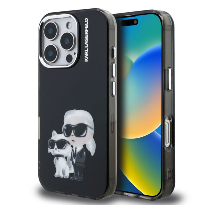 Obal Karl Lagerfeld IML Aquarelle Karl and Choupette Apple iPhone 16 Pro Max KLHCP16XHMKCAQK čierny