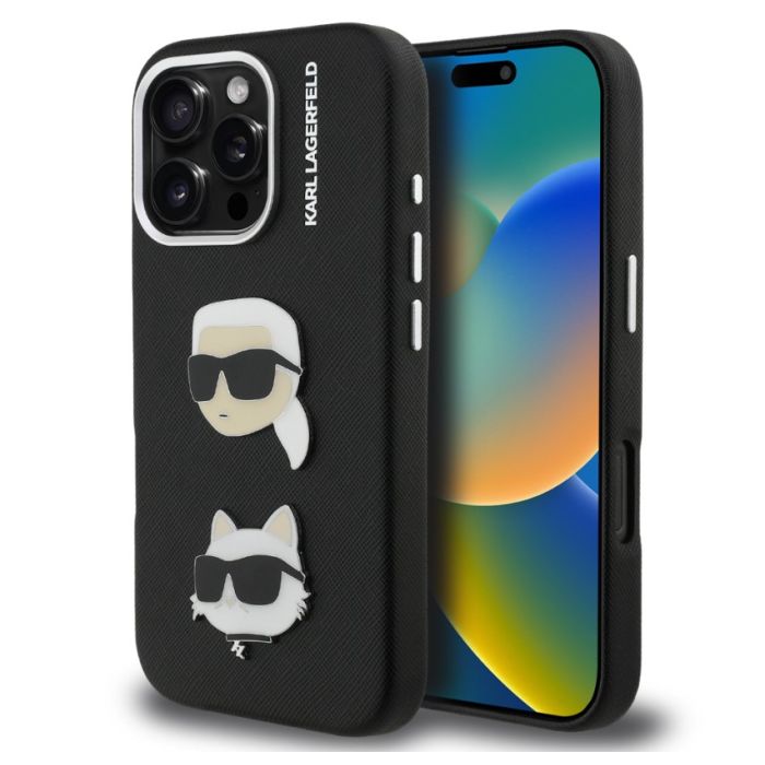 Obal Karl Lagerfeld Grained PU K&CH Heads Apple iPhone 15 Pro KLHCP15LPSFDHPK čierny