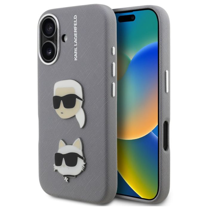 Obal Karl Lagerfeld Grained PU K&CH Heads Apple iPhone 16 KLHCP16SPSFDHPG sivý