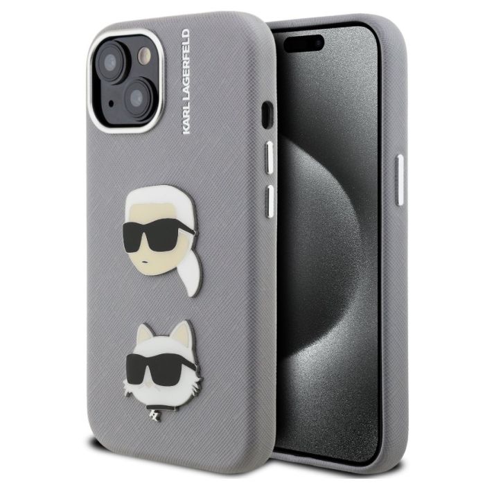 Obal Karl Lagerfeld Grained PU K&CH Heads Apple iPhone 15 KLHCP15SPSFDHPG sivý