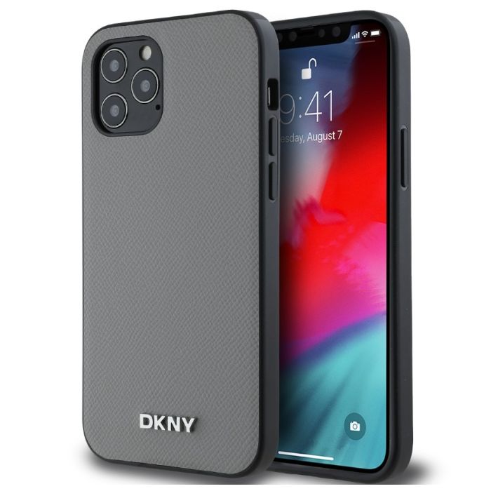 Obal DKNY PU Leather Silver Metal Logo Magsafe Apple iPhone 12/12 Pro DKHMP12MPGHLMS sivý