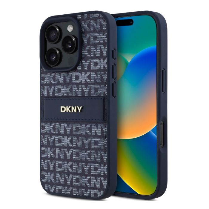 Obal DKNY PU Leather Repeat Pattern Tonal Stripe Apple iPhone 16 Pro DKHCP16LPRTHSLB modrý