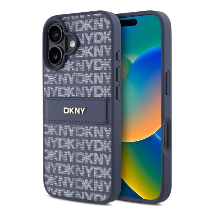 Obal DKNY PU Leather Repeat Pattern Tonal Stripe Apple iPhone 16 DKHCP16SPRTHSLB modrý