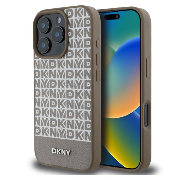 Obal DKNY PU Leather Repeat Pattern Bottom Stripe MagSafe Apple iPhone 16 Pro DKHMP16LPSOSPW hnedý