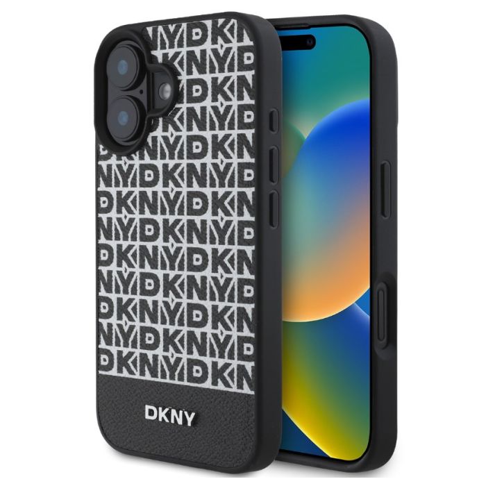 Obal DKNY PU Leather Repeat Pattern Bottom Stripe MagSafe Apple iPhone 16 Plus DKHMP16MPSOSPK čierny