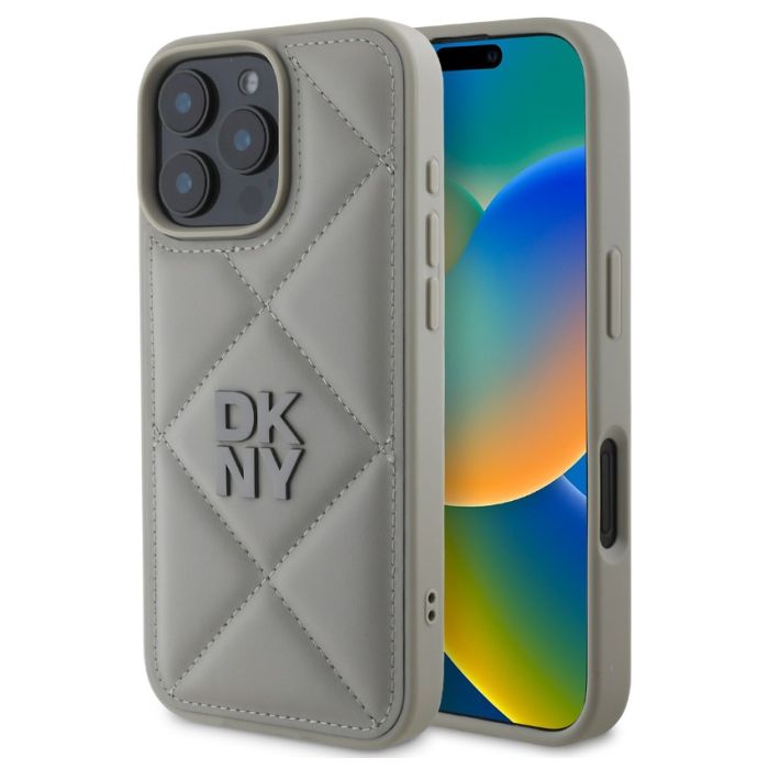 Obal DKNY PU Leather Quilted Stack Logo Apple iPhone 16 Pro Max DKHCP16XPQDSLG sivý