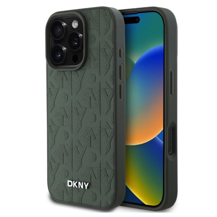 Obal DKNY PU Leather Grid Pattern Magsafe Apple iPhone 16 Pro DKHMP16LPSGPHMN zelený