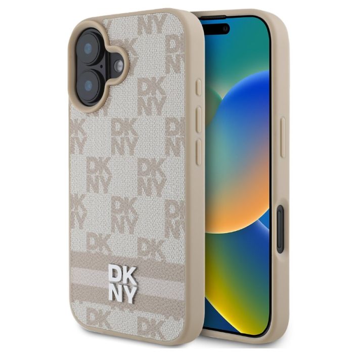Obal DKNY PU Leather Checkered Pattern and Stripe Apple iPhone 16 DKHCP16SPCPTSSP ružový