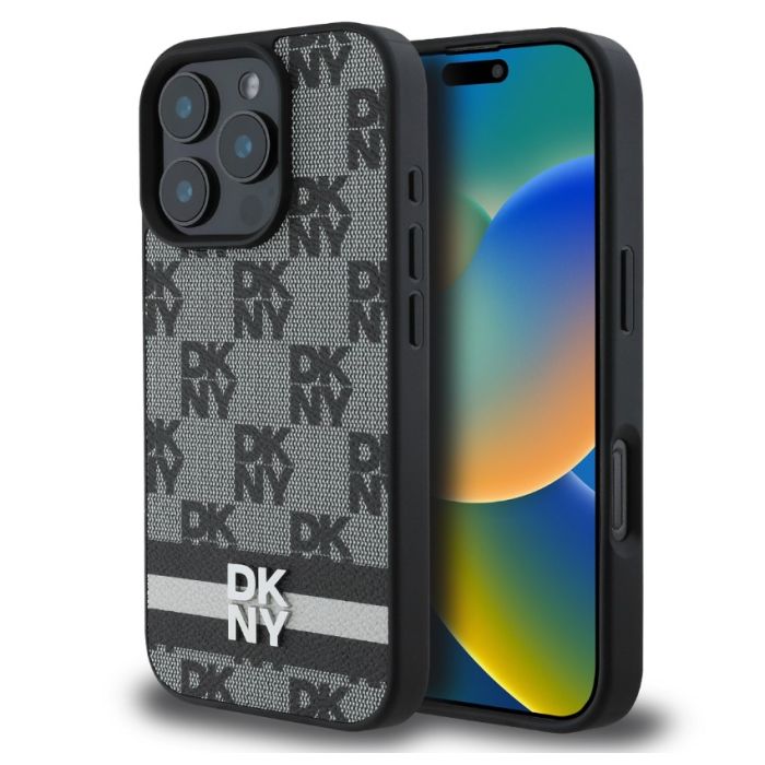 Obal DKNY PU Leather Checkered Pattern and Stripe Apple iPhone 16 Pro DKHCP16LPCPTSSK čierny