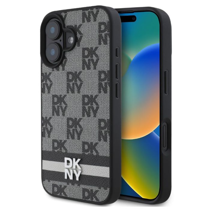 Obal DKNY PU Leather Checkered Pattern and Stripe Apple iPhone 16 DKHCP16SPCPTSSK čierny