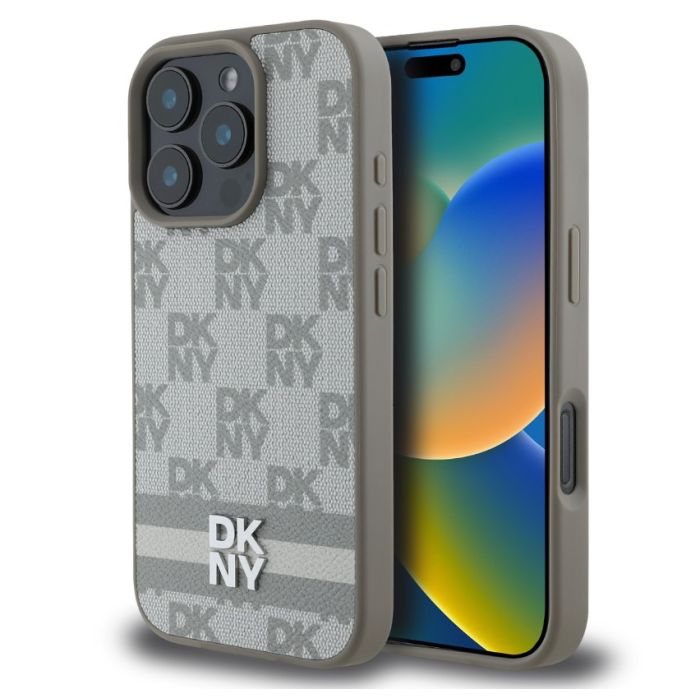 Obal DKNY PU Leather Checkered Pattern and Stripe Apple iPhone 16 Pro DKHCP16LPCPTSSE béžový
