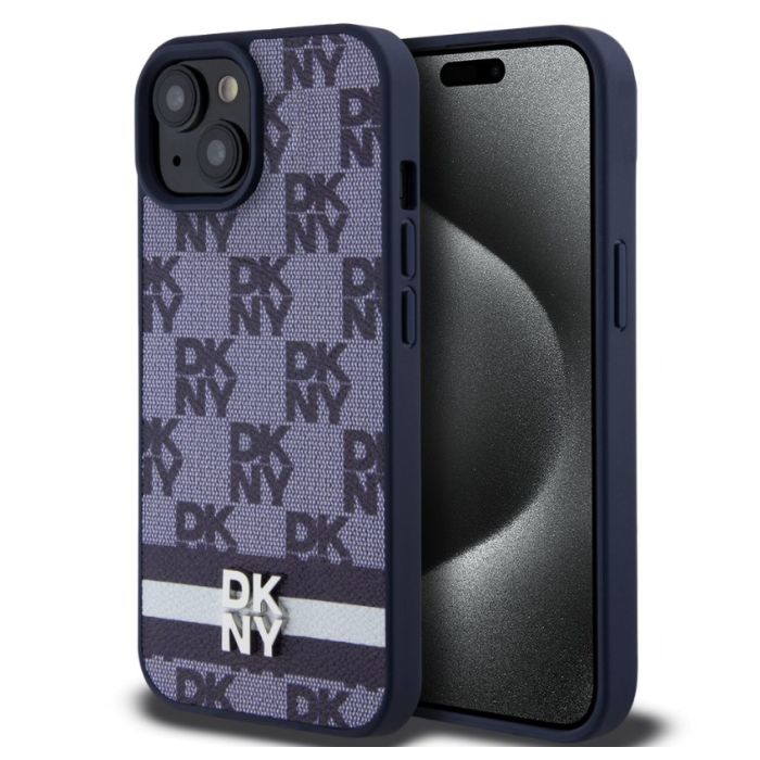 Obal DKNY PU Leather Checkered Pattern and Stripe Apple iPhone 15 DKHCP15SPCPTSSB modrý