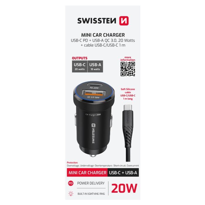 Swissten Mini CL adaptér, USB-C PD + USB-A, 20W + kábel USB-C/USB-C, čierny