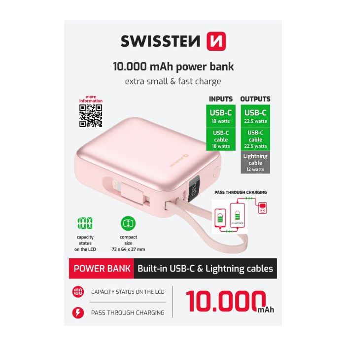 Swissten Space PowerBank 10000 mAh, 22.5W integrované káble (USB-C, Lighting), ružová