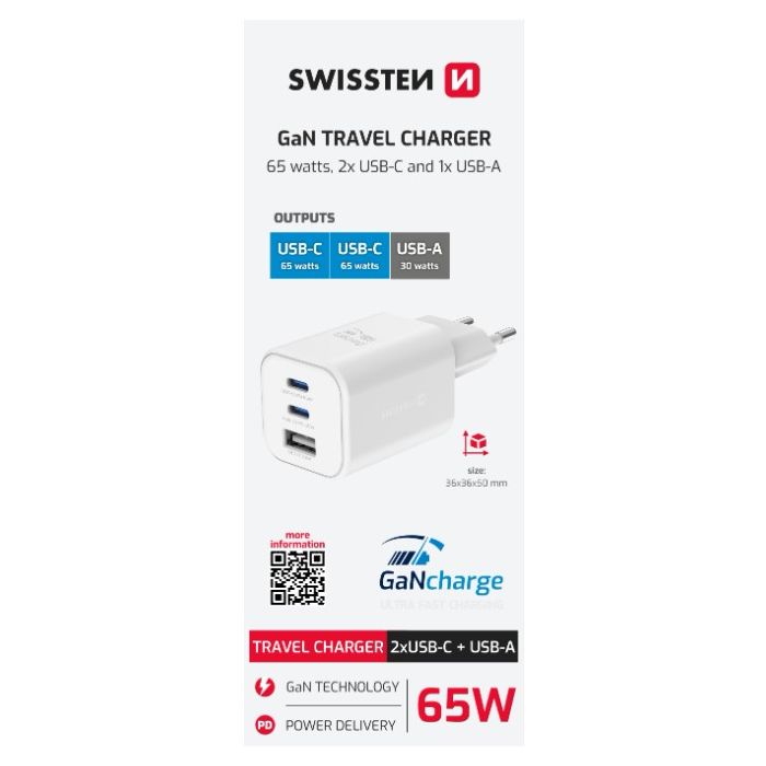 SWISSTEN GaN Travel Charger 2xUSB-C 65W PD + 1xUSB-A 30W QC biela