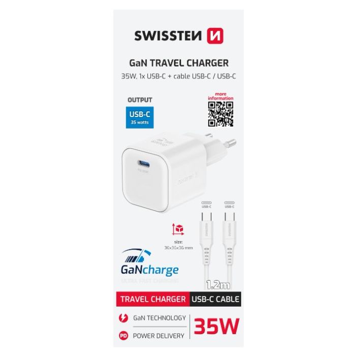 SWISSTEN GAN 1xUSB-C 35W PD + USB-C/USB-C kábel 1.2m, biela