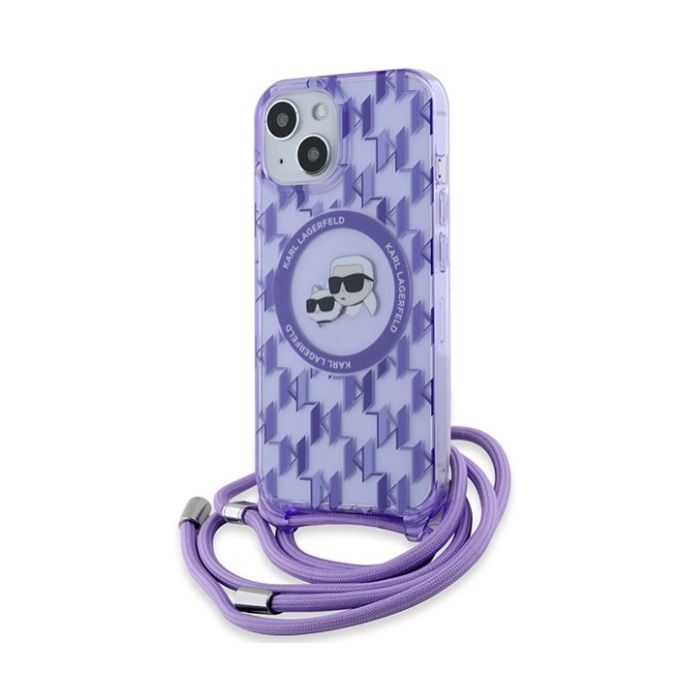 Obal Karl Lagerfeld IML Crossbody Monogram Karl & Choupette Head MagSafe Apple iPhone 13/14/15 KLHMP15SHCKCKLCU fialový