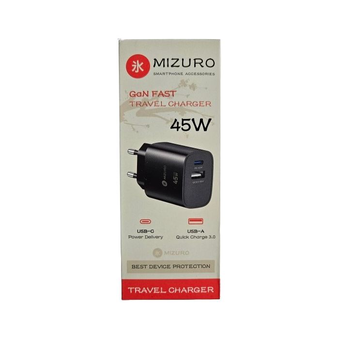 Mizuro GaN Fast, USB-C PD 45W, USB-A QC3.0 18W, čierna