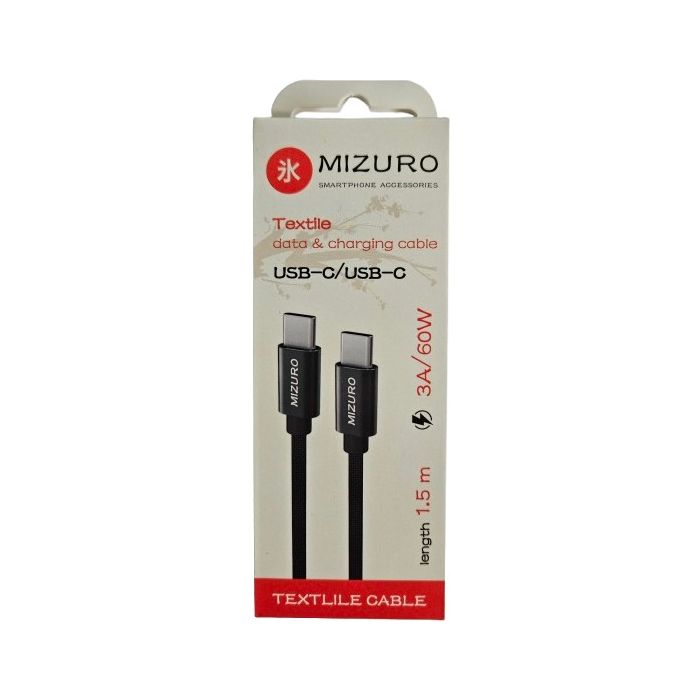 Mizuro Textile, USB-C/USB-C 60W 3A, 1.5m, čierny